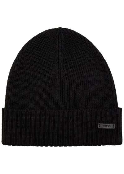 Hugo Boss Boss Fati Ribbed Logo Wool Beanie In Black