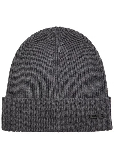 Hugo Boss Boss Fati Ribbed Logo Wool Beanie In Purple