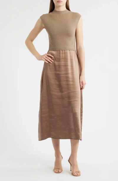 Hugo Boss Boss Ferdolini Mixed Media Midi Dress In Brown