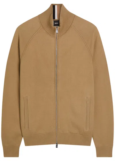 Hugo Boss Boss Fine-knit Cotton And Wool-blend Cardigan In Brown