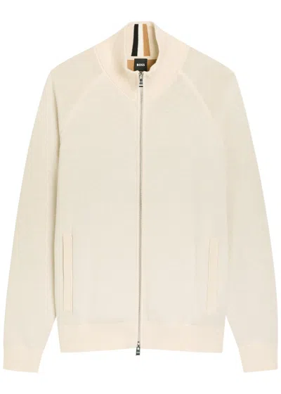 Hugo Boss Boss Fine-knit Cotton And Wool-blend Jacket In Neutral