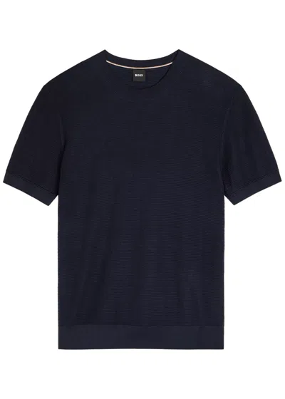 Hugo Boss Boss Fine-knit Cotton-blend T-shirt In Blue