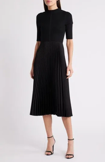 Hugo Boss Cropped-sleeve Dress With Pliss Skirt In Black
