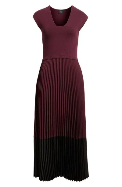 Hugo Boss Boss Flissani Pleated Mixed Media A-line Dress In Burgundy