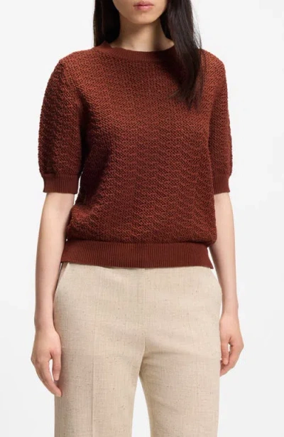 Hugo Boss Cotton Sweater With Micro-lace Structure In Brown