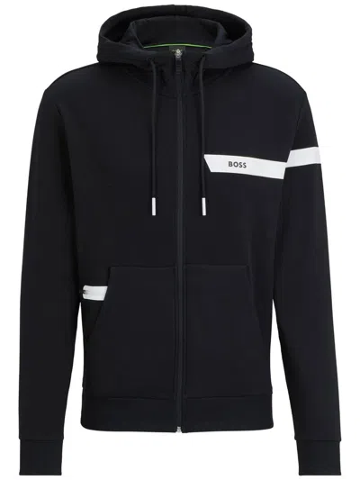 Hugo Boss Cotton-blend Zip-up Hoodie With Logo Stripe In Black