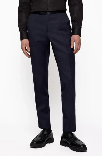 Hugo Boss Boss Genius Pleated Wool Tuxedo Pants In Dark Blue