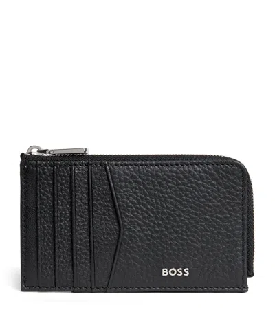 Hugo Boss Boss Grained Leather Crosstown Card Holder In Black