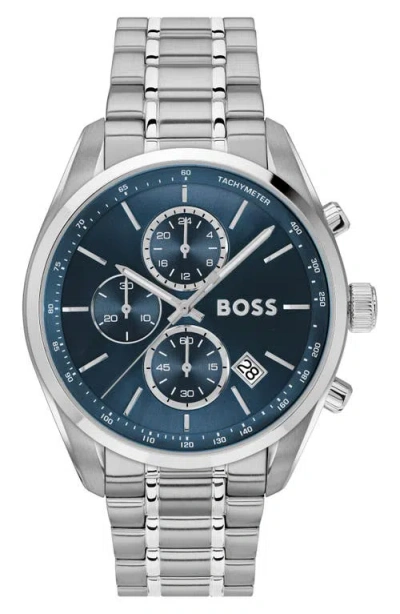 Hugo Boss Men's Grand Prix 44 Quartz Chronograph Silver-tone Stainless-steel Watch, 44.50mm In Metallic