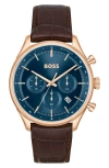 Hugo Boss Men's Gregor Quartz Chronograph Brown Mock Genuine-grained Leather Strap Watch 45mm In Blue Sunray