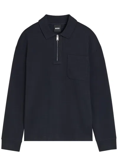 Hugo Boss Boss Half-zip Cotton-blend Sweatshirt In Blue