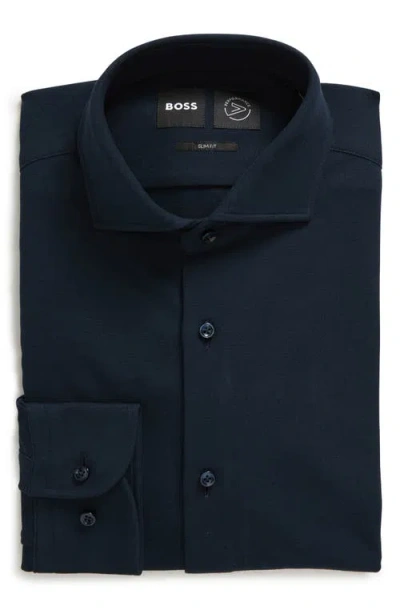 Hugo Boss Boss Hank Slim Fit Solid Performance Cotton Piqué Dress Shirt In Dark Blue