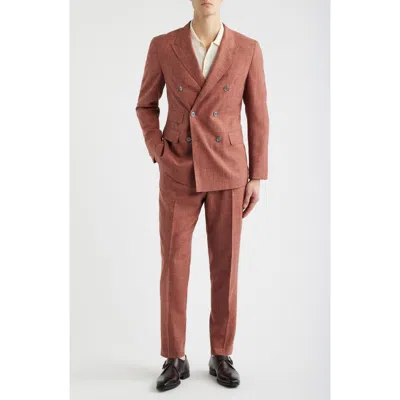 Hugo Boss Boss Heston Slim Fit Brown Slub Wool Blend Peak Lapel Double Breasted Suit In Orange