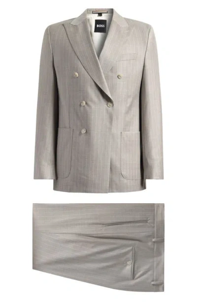 Hugo Boss Boss Huge Slim Fit Grey Pinstripe Double Breasted Virgin Wool Suit In Gray