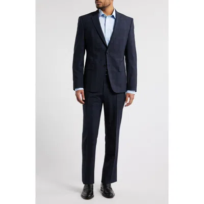Hugo Boss Boss Huge Slim Fit Navy Check Stretch Wool Suit In Dark Blue