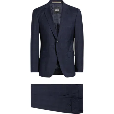 Hugo Boss Boss Huge Slim Fit Navy Check Virgin Wool Suit In Blue