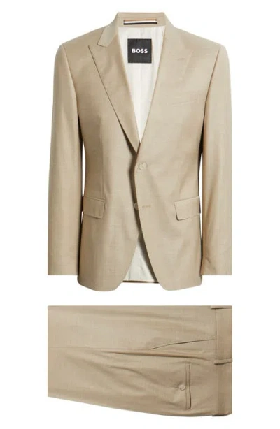 Hugo Boss Boss Huge Slim Fit Peak Lapel Wool Blend Mélange Suit In Brown