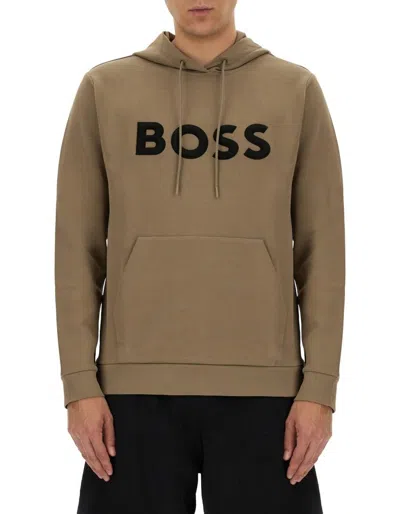 Hugo Boss Boss  Logo 3d Detailed Hoodie In Brown