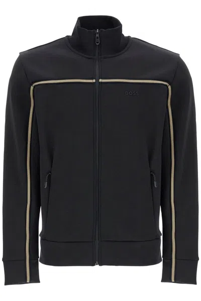 Hugo Boss Black Zip-up Tape Insert Sweatshirt In 001-black