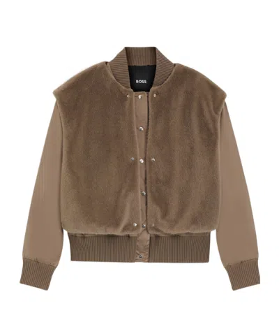 Hugo Boss Boss  Removable Faux-fur Gilet Satin Bomber Jacket In Brown