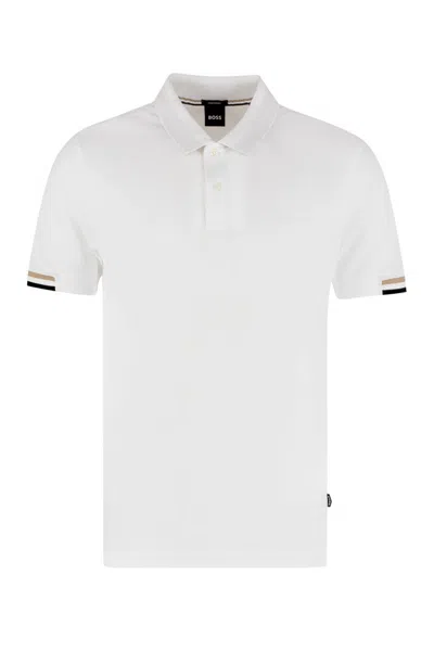 Hugo Boss Boss Logo Piqué Cotton Polo Shirt In White