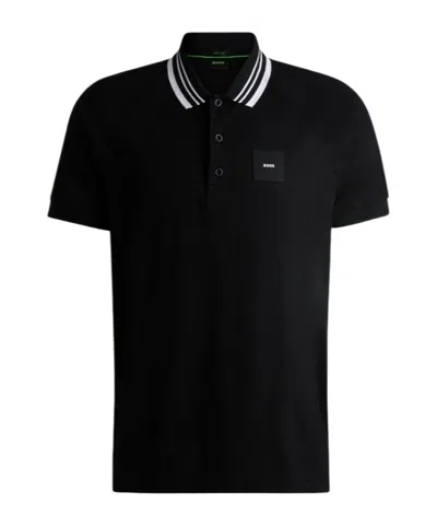 Hugo Boss Boss  Striped Collar Logo Patch Polo Shirt In Black