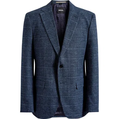 Hugo Boss Boss Hutson Dark Blue Windowpane Check Slub Cotton Blend Sport Coat