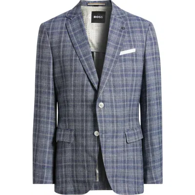 Hugo Boss Boss Hutson Plaid Virgin Wool & Linen Sport Coat In Dark Blue