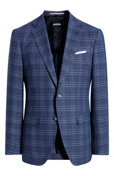 Hugo Boss Boss Hutson Slim Fit Navy Plaid Slub Wool Blend Sport Coat In Blue