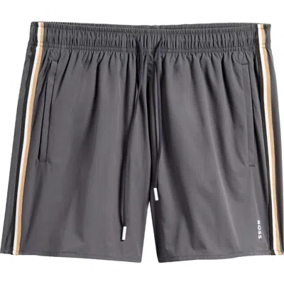 Hugo Boss Boss Iconic Side Stripe Swim Trunks In Charcoal