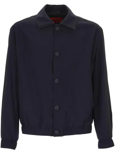 Hugo Boss Collared Buttoned Jacket Ribbed Hem In Black