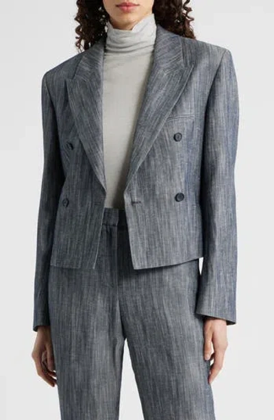 Hugo Boss Boss Jelsia Belted Sharkskin Twill Double Breasted Crop Blazer In Gray
