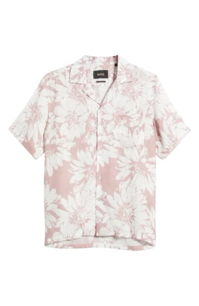 Hugo Boss Boss Jim Floral Linen Camp Shirt In Dark Pink