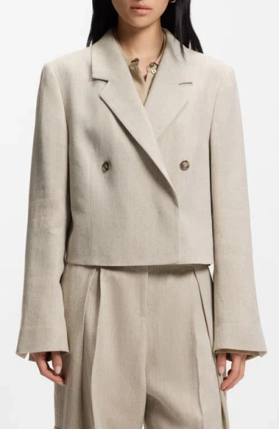 Hugo Boss Boss Jojeka1 Double Breasted Linen Blend Crop Blazer In Gray