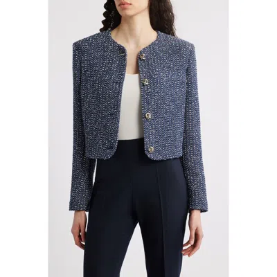 Hugo Boss Boss Jolena Crop Tweed Jacket In Navy Crochet Tweed