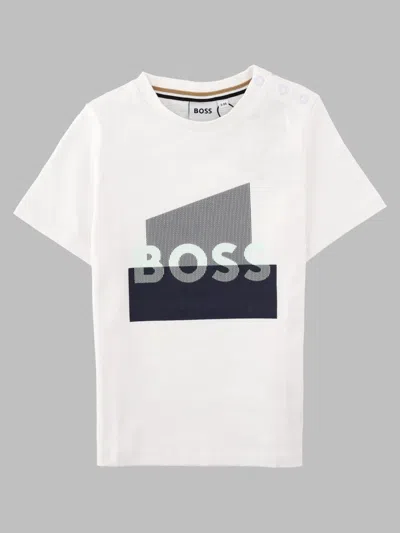 Hugo Boss Boss Kids 100% Cotton Crewneck T-shirt With Stretch Trim In White