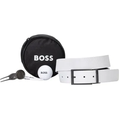 HUGO BOSS BOSS LEATHER BELT, GOLF BALL, TEE & DIVOT FIXER GIFT SET