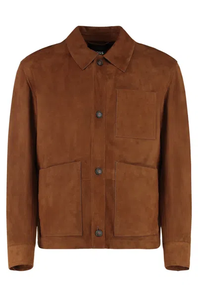 Hugo Boss Boss Leather Overshirt In Brown