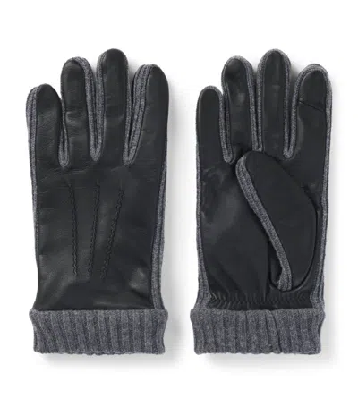 Hugo Boss Leather Wool-trim Gloves In Black