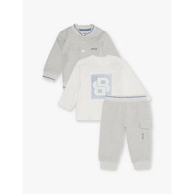 Hugo Boss Babies' Logo-embroidery Three-piece Stretch-cotton Set 3-12 Months In Light Gray China