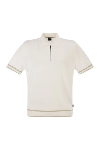 Hugo Boss Boss Linen And Viscose Polo Shirt With Zip And Contrast Trims In White