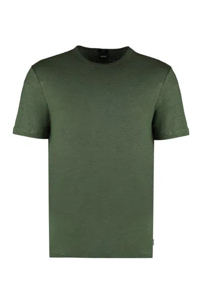 Hugo Boss Boss Linen Crew-neck T-shirt In Green