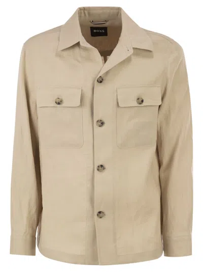 Hugo Boss Boss Linen Shirt Jacket With Patch Pockets In Neutral