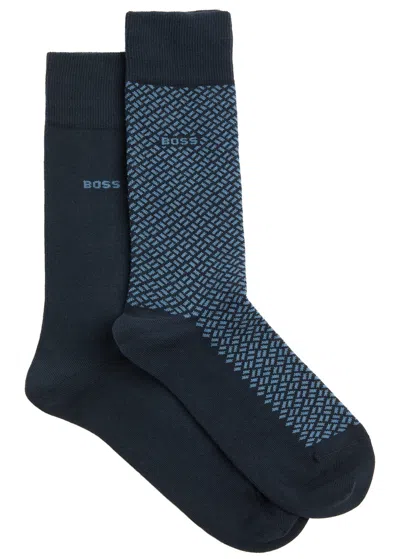 Hugo Boss Boss Logo Cotton-blend Socks In Navy