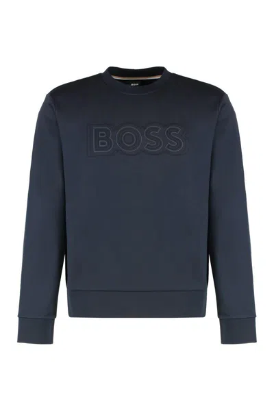 Hugo Boss Boss Logo Detail Cotton Sweatshirt In Blue