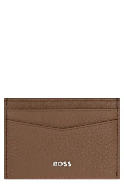 Hugo Boss Boss Logo Detail Leather Card Holder In Brown