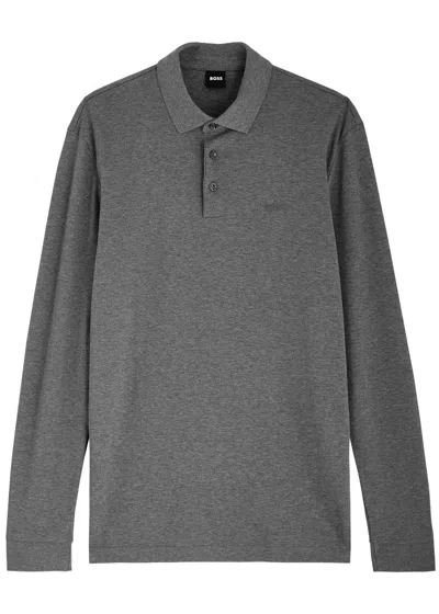 Hugo Boss Boss Logo-embroidered Cotton Polo Shirt In Charcoal