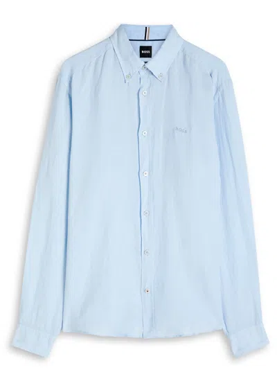 Hugo Boss Boss Logo-embroidered Linen Shirt In Blue