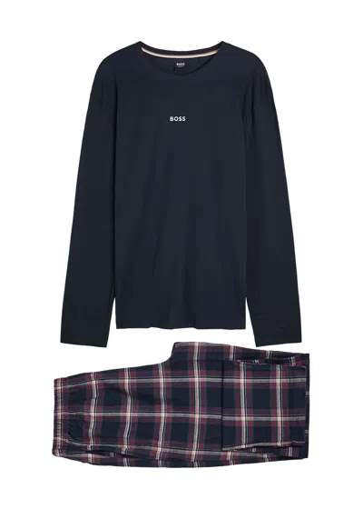 Hugo Boss Boss Logo-embroidered Plaid Cotton-blend Pyjama Set In Blue