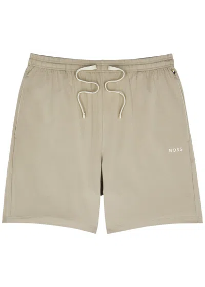 Hugo Boss Boss Logo-embroidered Stretch-cotton Shorts In Beige